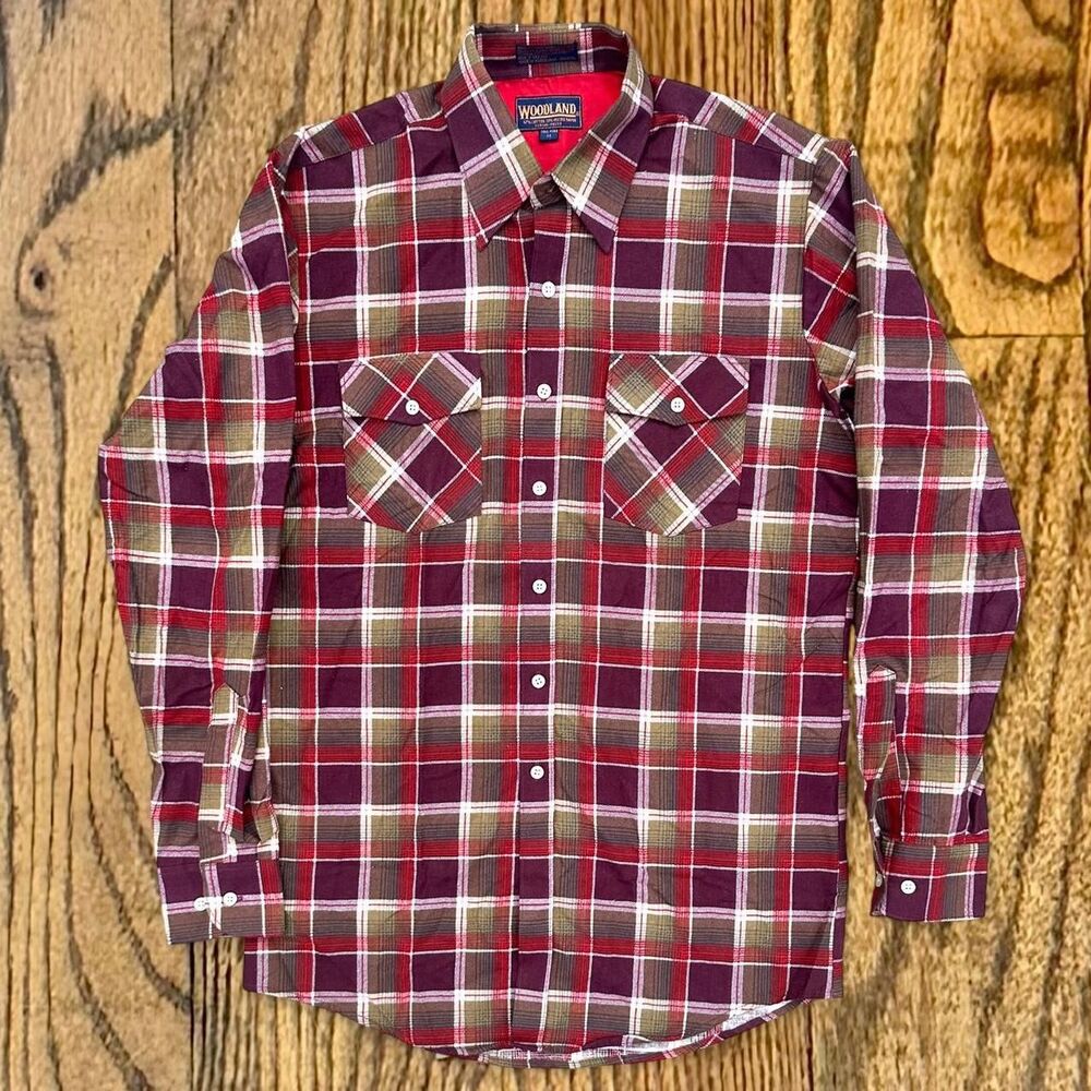 Vintage 70’s Woodland Plaid Flannel Rayon Blend Button Up Shirt